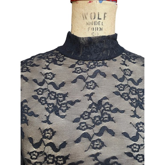 Forever 21 Womens Blouse Black Floral Lace Mesh Sheer Long Sleeves Mock Neck S - Picture 2 of 8